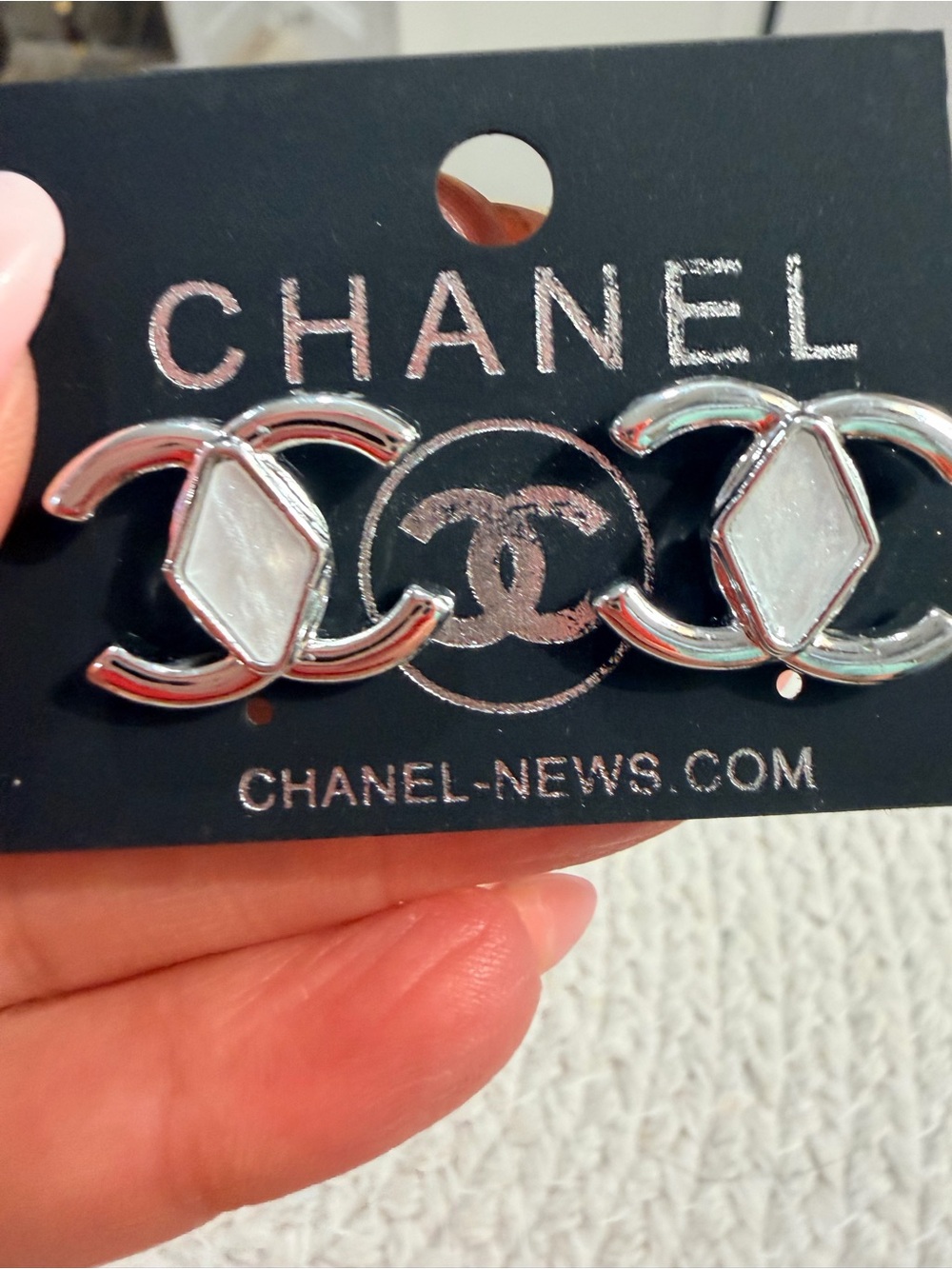 Silver-Tone Double CC Logo Earrings with White Mother of Pearl Inlay NEW